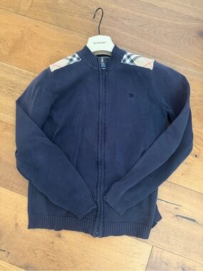 Burberry Navy Zip-Front Knit Jacket with Check Trim